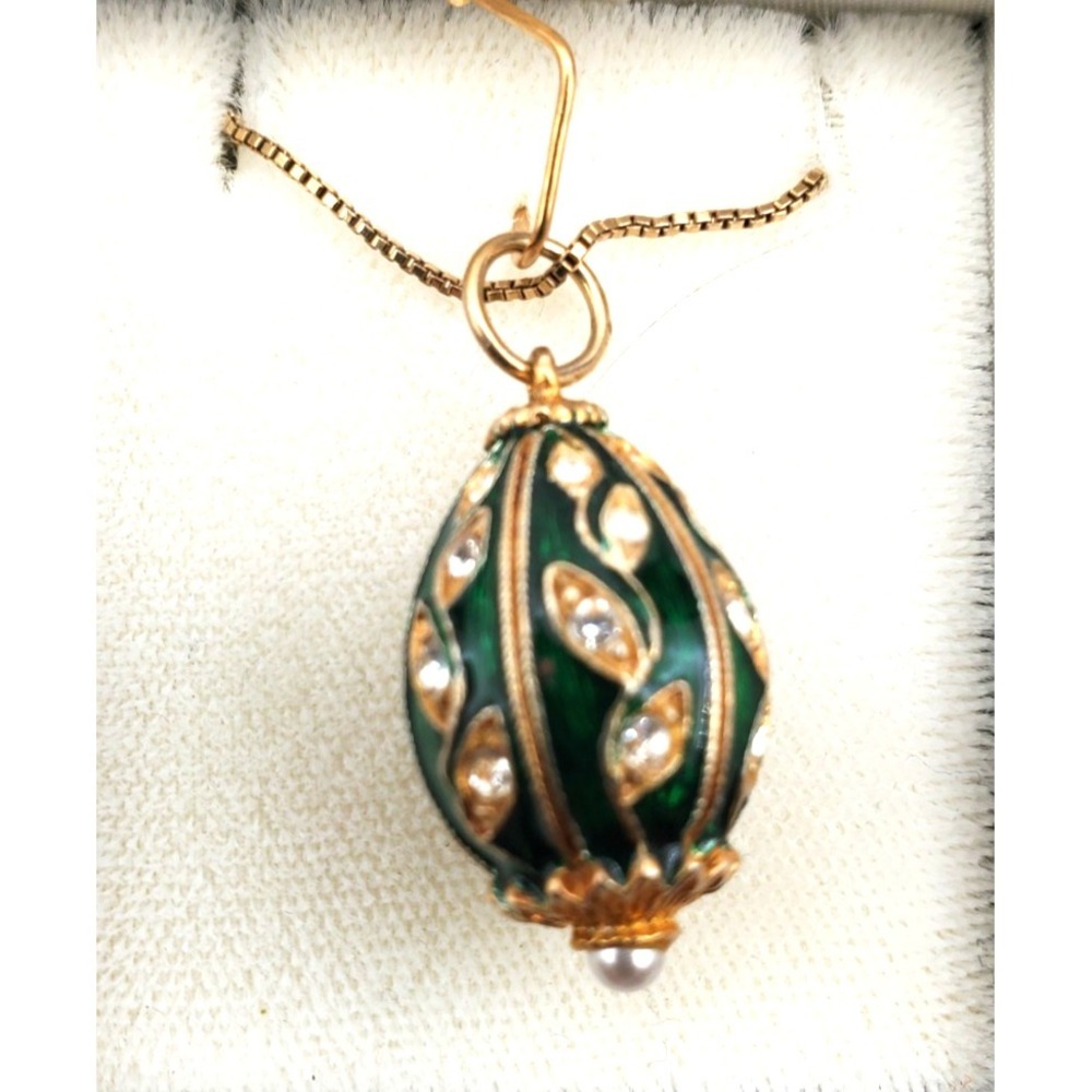 Italy Gold Plated Sterling Silver 16" Green Enameled Egg Drop Necklace NIB
